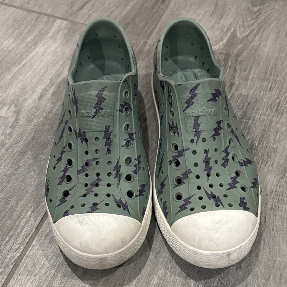 Size C 13. Native Olive Slip-On Shoes with Lightning Design
